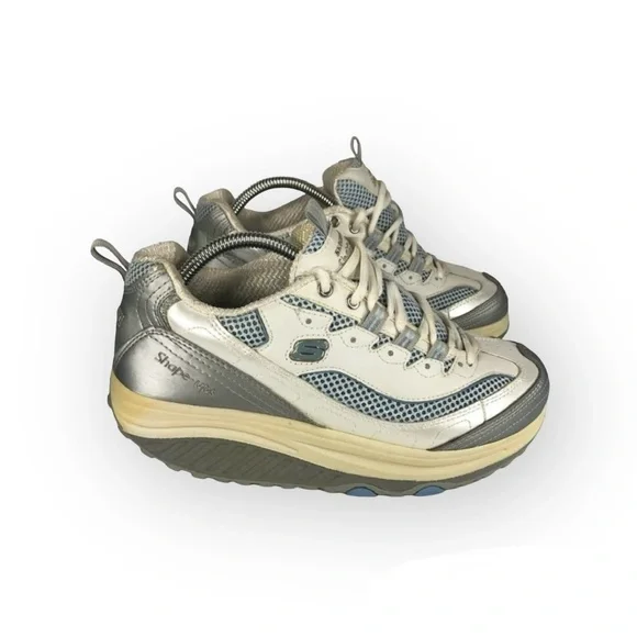 Skechers Shape-Ups Leather Walking Fitness Shoes Silver Blue Off-White Gray - Picture 3 of 13